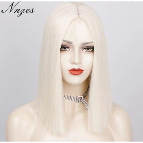 NNZES 14 Inch Short Straight Platinum Blonde Bob Wig Heat Resistant Synthetic Wigs for Black Women Middle Part Cosplay Wigs