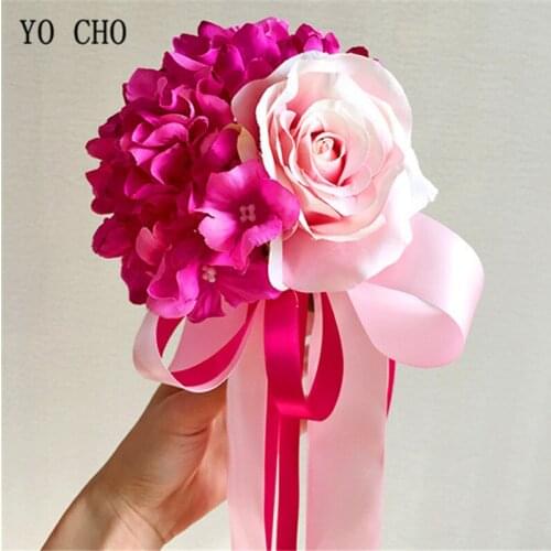 YO CHO creative artificial flower valentines day decor pink red rose Hydrangea flower wedding decoration DIY Bridesmaid Bouquet