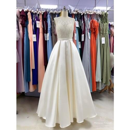 Creamy white Long satin Evening Dress 2021 o-neck sleeveless Bronzing Trailing luckgirls Customizable prom Dress mocini tailor
