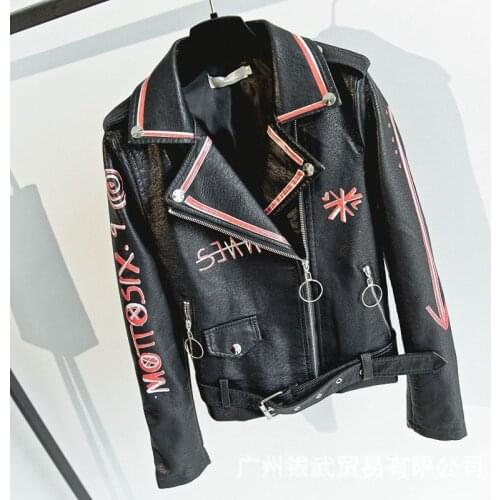 Long Sleeve Basic Jackets Faux Leather Women Print Pu Leather Biker Coat Spring Autumn Casual Black Womens Leather Jacket Veste