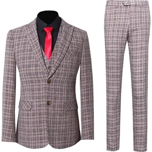 Men Suit Check Slim Fit Business Office Work Party Daily Life Prom Plaid Suits Wedding Groom 3 Pieces Single Breasted 2 Buttons