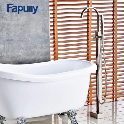 Fapully Bathroom Shower Set Bath Tub Shower Faucet Filler Nickel Brushed Floor Mount With Hand Shower Mixer Taps Bathtub Faucet