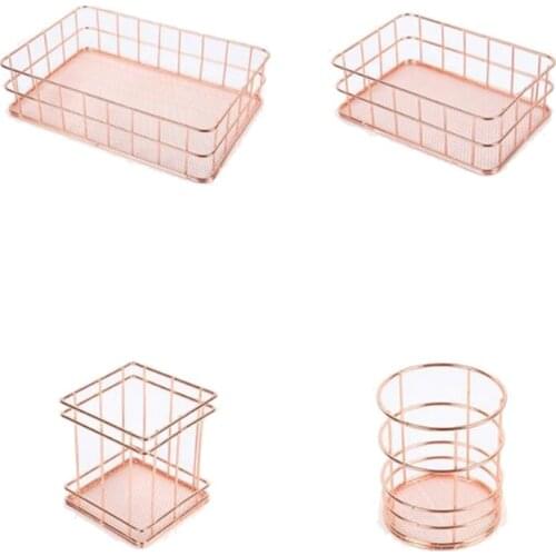 New Rose Gold Metal Wire Storage Basket Cosmetic Organizer Holder Home Office Desk Toiletry Collection Bathroom Shelf