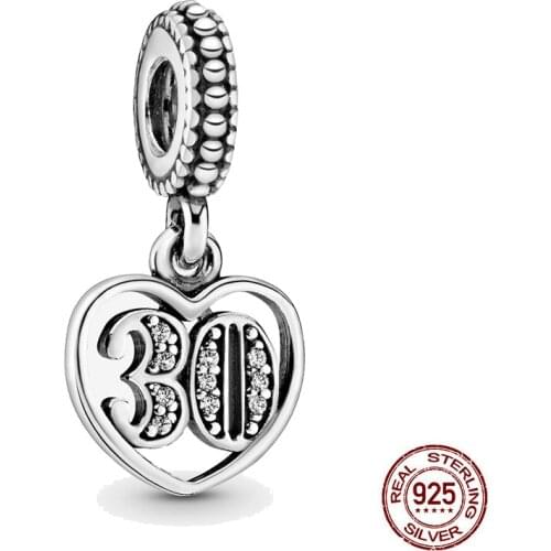 New Original 925 Sterling Silver 30th Celebration Dangle Diy Bead Charm Fit European Pandora Charms Bracelet Bangles Diy Jewelry