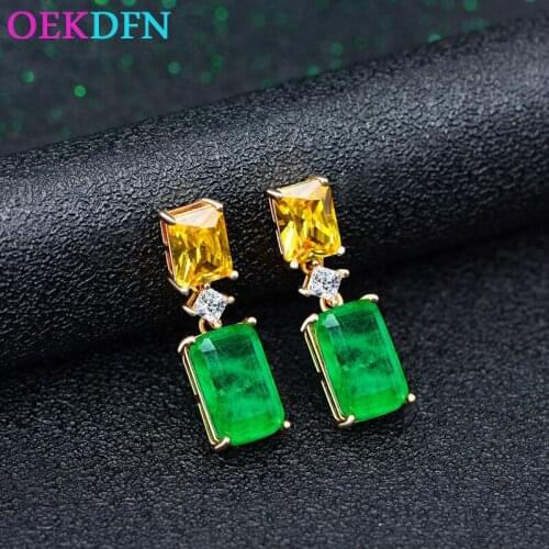 OEKDFN Pure 925 Sterling Silver Drop Earrings For Women Created Citrine Emerald Gemstone Party Fine Jewelry Dangle Earrings