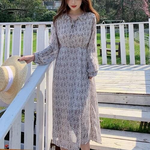 Print Long Sleeve Spring Women Long Summer Dress Casual O-Neck Chiffon A LIne Dress Vintage Party Midi Dress Vestidos 13199