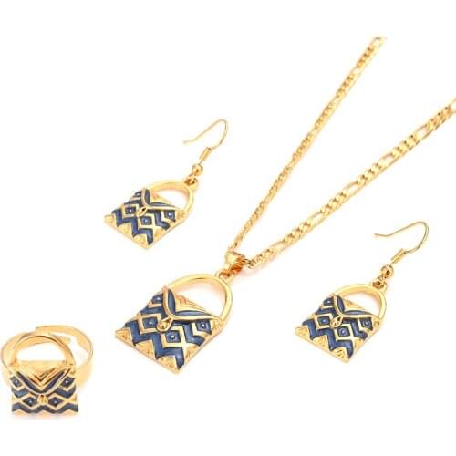Handmade BLUM BAG Pendan Necklaces Earrings Gold Color PNG Jewellery Set Papua New Guinea Wedding party women girls gifts