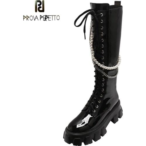 But Knee Knight Boots Autumn and Winter New Platform Round Toe Thick-soled Zipper Boots Lace Up Pearl Chain High Boots