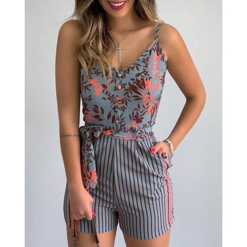 Sexy Suspender Jumpsuit African Clothing Plus Size Conjuntos Women Clothing V-Neck Printed Tight Shorts Summer Womens Clothing