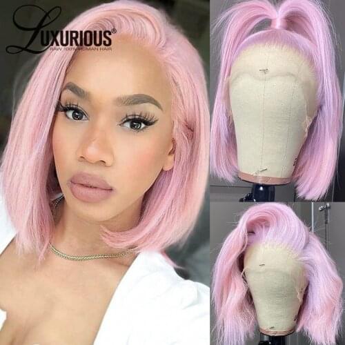 Light Pink Bob180 Density Transparent Lace Human Hair Lace Frontal Wigs Brazilian Remy Hair Short Bob Human Hair Wigs For Women