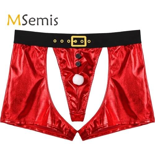Mens Christmas Claus Santa Underwear Glossy Faux Leather Cutout Boxer Shorts Faux Fur Ball Decor Bulge Pouch Novelty Underpants