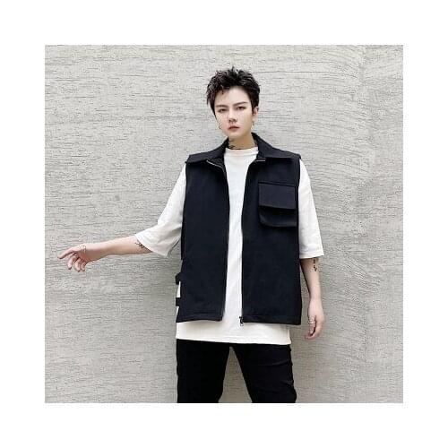 Oversized spring asymmetrical design with Zipper, Cardigan, sleeveless jacket vest for trendy mens dark coveralls