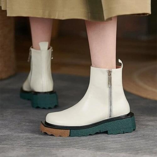 Women Ankle Boots PU Leather Low Heels Ladies Zipper Mixed Color Platform Casual Shoes Female Comfortable Autumn Footwear