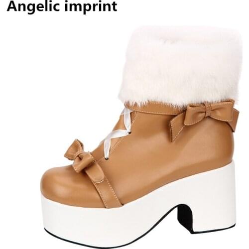 Angelic imprint handmade mori girl Women winter boots lady lolita ankle Boots woman princess high trifle heels shoes 33-47 bows