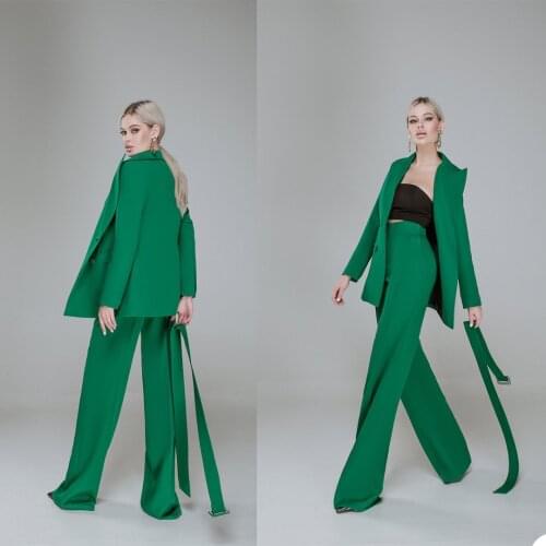Autumn Celebrity Women Evening Suits 2 Pieces Green Mother of Bride Dress with Belt Party Prom Wear Pants Outfits for Wedding