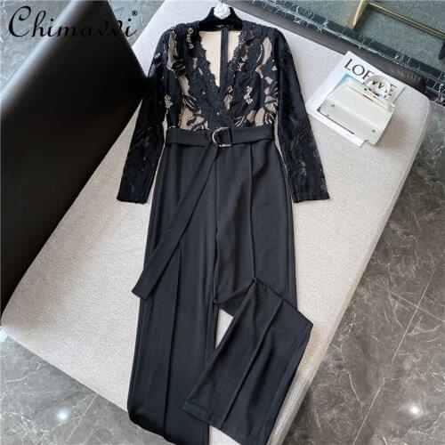 2021 Fall Womens Clothing French Style Retro Elegant Sexy V-neck Lace Wide Leg Jumpsuit High Waist Slimming Overalls for Women