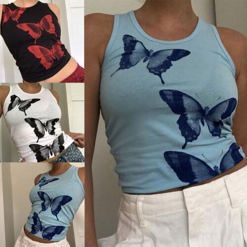 Null Women Summer Halter Sleeveless Crop Tank Top Punk Harajuku Irregular Butterfly Graphic Slim Vest 90s Vintage Skinny
