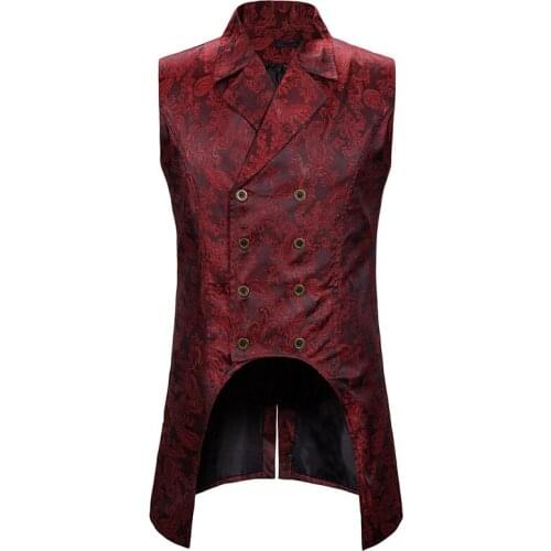 Mens Red Gothic Steampunk Vest Double Breasted Paisley Jacquard Brocade Waistcoat Wedding Stage Tuxedo Vests Male Chaleco Hombre
