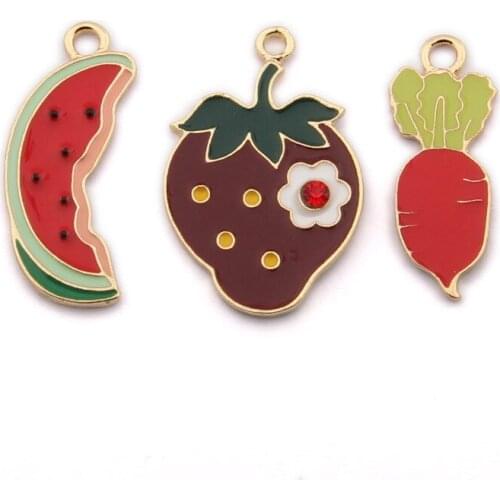 Kawaii Enamel Fruit Charms 10pcs Watermelon Floral Strawberry Carrot Necklace Pendants Gold Tone Oil Drop Earring Charms