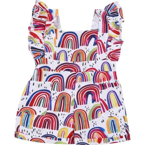 2020 New 0-18M Toddler Baby Girl Summer Rainbow Print Pocket Flared Short Sleeve Backless Romper Colorful Infant Jumpsuit Outfit