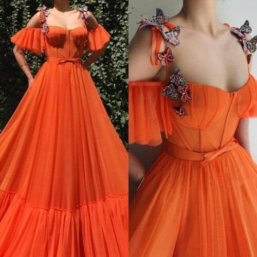 2020 Orange Spaghetti Straps Tulle A Line Long Prom Dresses 3D Floral Lace Butterfly Floor Length Formal Party Evening Dress