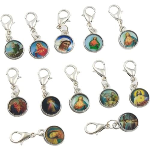 24pcs Tibetan Silver Catholic Religious Church Medals Saints Cross Clasp European Lobster Trigger Clip On Charm Beads C1707