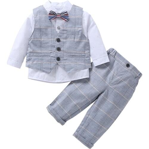 3Pcs Infant Clothing Baby Suit Babys Clothes Gentleman British Style Tops + Vest + Pants Baby Set Boys Dress Suit Formal Wear