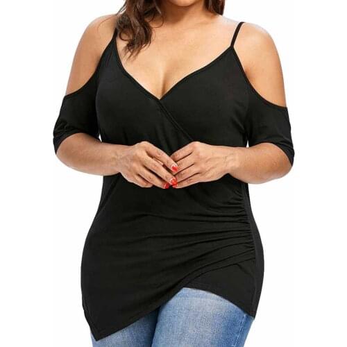 5XL Plus Size Summer Tops Fashion Womens Solid Color Cold Shoulder Shirts Sexy V-Neck Suspender Blouses blusas de mujer Блузки
