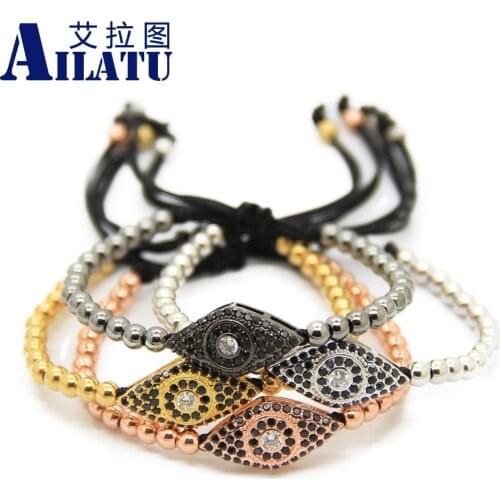 Ailatu Brand New Black Cz Lucky Eye Macrame Bracelets Wholesale 10pcs/lot 4mm Stainless Steel Beads Jewelry
