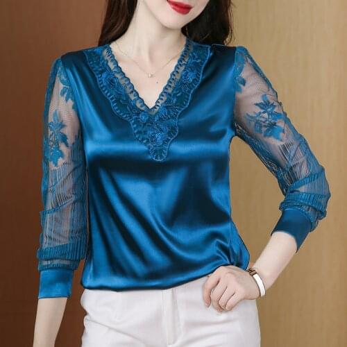 M-4XL Autumn Women blouse shirt Satin Stitching lace Tops V neck Plus size Clothing Elegant embroidery shirt