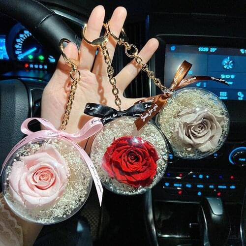 Rose Flower Keychain Car Ornaments Big Acrylic Round Ball Pedant Auto Hanging Pearl Key Ring Valentines Day Gift