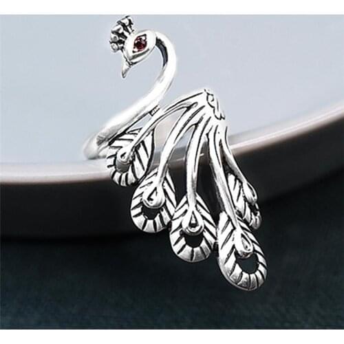 Sole Memory Personality Retro Peacock Literary Creativity Sweet 925 Sterling Silver Female Resizable Opening Rings SRI445