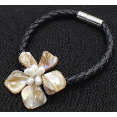 New Luck Unique Handmade Shell Flower Jewelry White Baroque Real Freshwater Pearl Black Rope Leather Necklace Perfect Woman Gift