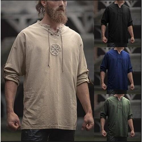Medieval Mens Tops Vintage Lace up Shirt Ancient Viking Embroidery Retro Cosplay Costume Plus Size Long Sleeve T-shirt 4xl