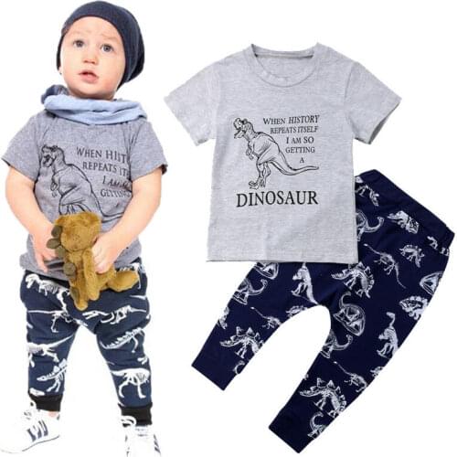 New Boys Clothes Sets Dinosaur Kids Baby Boys Cotton Top Gray T-shirt+Pants Leggings Outfits Set Clothes Summer Cartoon Clothing