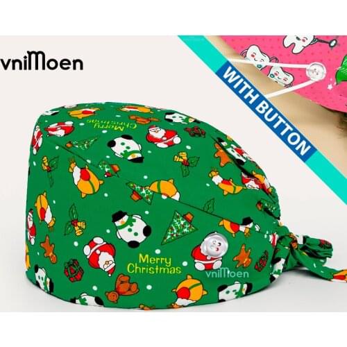 Vnimoen Christmas hat surgeon cap Work Cap with Button and Sweatband Adjustable Tie Back Hats Printed Multi Color nursing hats
