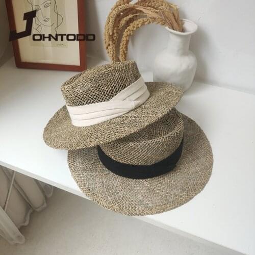 2021 New Summer Hat with Ribbon Handmade Straw Beach Hat for Women Panama Cap Concave Flat Sun Protection Visor Hats Wholesale