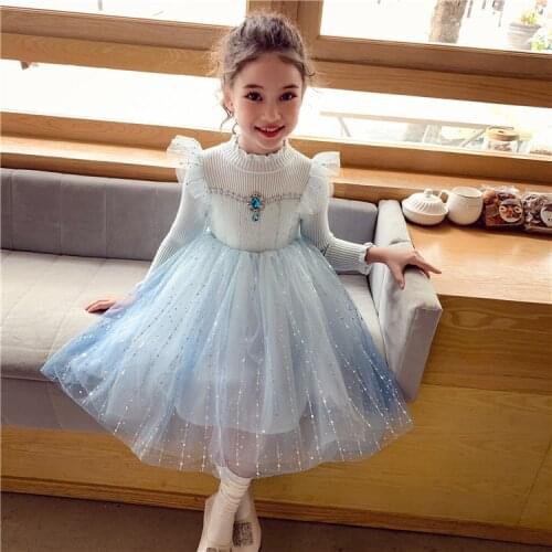 Blue Formal Dress Knit Long Sleeves Wedding Dance Dress Kids Clothing Princess Birthday Dress Kids Party Dress For Girls 4-14 Y