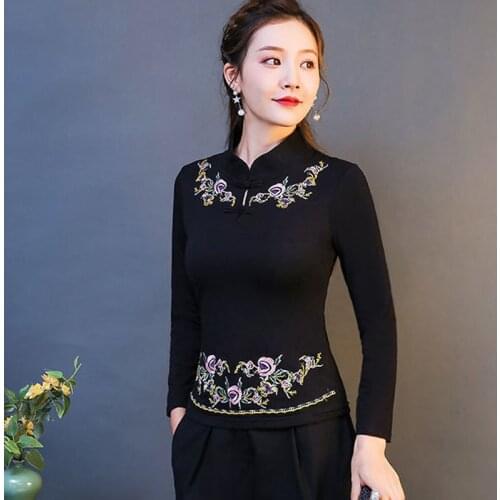 Cheongsam Womens Plus Size Tops 2021 Autumn Fashion Cotton Stand Collar Long Sleeves Chinese Style Skinny Qipao Shirts Woman