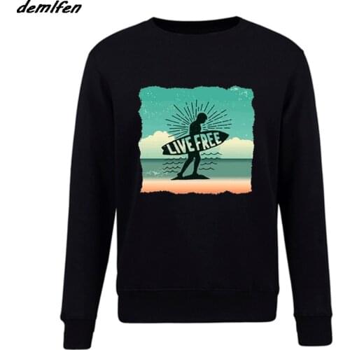 Spring Autumn Fashion Men O-Neck Fleece Sweatshirt Inspiring Live Is Free, Surfings Funny Sunset Beach Black Hoodies Coat