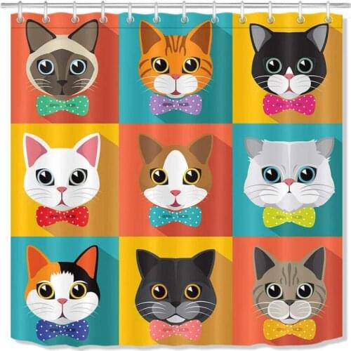Cute Cat head Collection Shower Curtain Bathroom Fabric Durable Mildew Bathroom Creative Pendant with 12 Hooks 180X180CM
