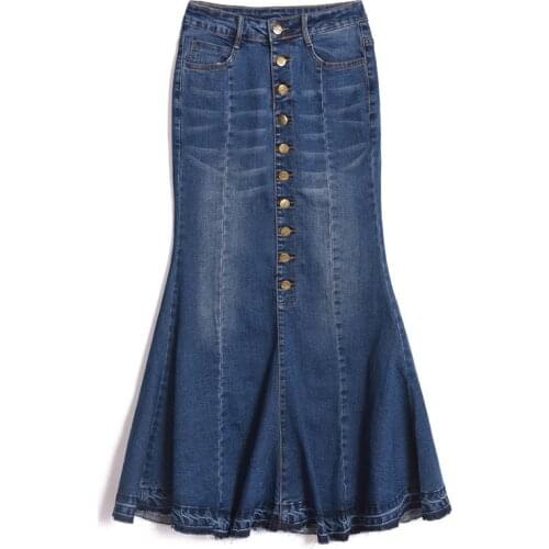 New Fashion Women Sexy Mermaid Denim Skirt Ankle Length Long High Waist Buttons Jeans Skirt Casual Ladies Slim Ruffles Skirts