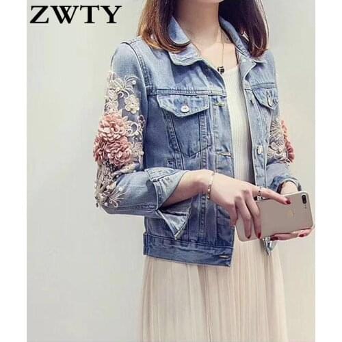 ZWTY Women Embroidery Three Dimensional Flowers Pearl Bead Short Denim Coat Woman Long Sleeve Jean Jacket xintiandi