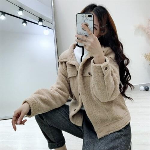 Lambswool Jacket Women Korean Fashion Chest Pocket Warm Cashmere Outerwear Female 2019 Winter Candy Color Short Coats