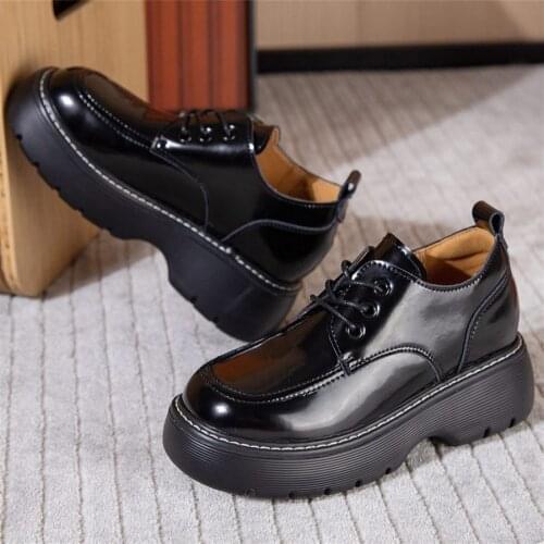 Platform Creeper Shoes Womens Military Cow Leather Round Toe Ankle Boots Chunky Casual Increasing Height Lace Up Oxfords