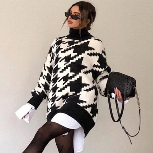 Womens Turtleneck Houndstooth Sweaters For Girls Oversized Female Winter 2020 Fall Long Sleeve Loose Top Warm Jumper