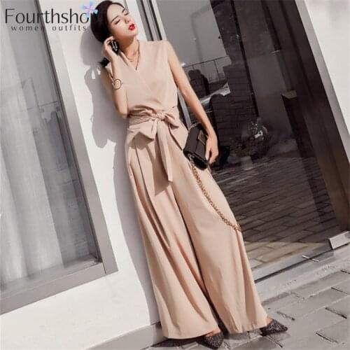 Fashion Jumpsuits for Women Lace Up Loose Wide Leg Pants Black Red Rompers Female Sleeveless Overalls Summer Autumn Clothes 2019