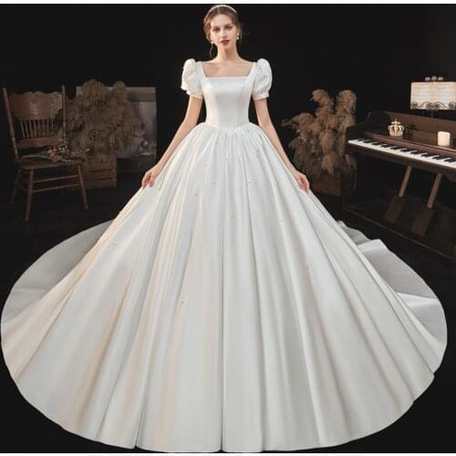 Vestido De Novia Pearls Satin Ball Gown Wedding Dresses Lace Up Back Hochzeitskleid Short Sleeve Simple Robes De Mariage