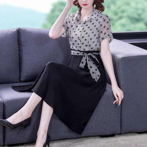 Office Lady Dot Print Chiffon Patchwork Midi Dress 2021 Summer Casual 3XL Plus Size Dress Elegant Women Bodycon Party Vestidos