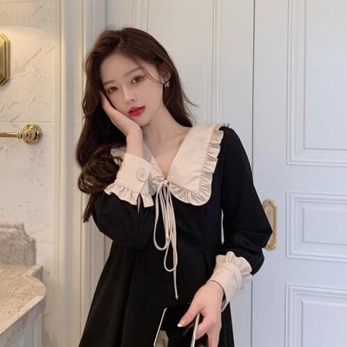 Vintage Dress Women Sweet Lace Collar French Elegant Long Sleeve Lace-Up Fairy One Piece Dress Korean 2021 Chic